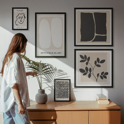 5 paveikslų rinkinys su rėmais Stilingos grafikos minimalizmo linijos