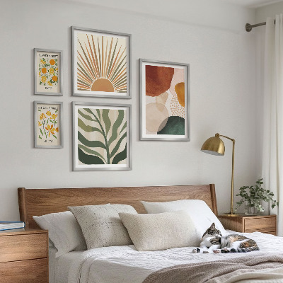 5 paveikslų rinkinys su rėmais Stilinga augalų grafikos geometrija