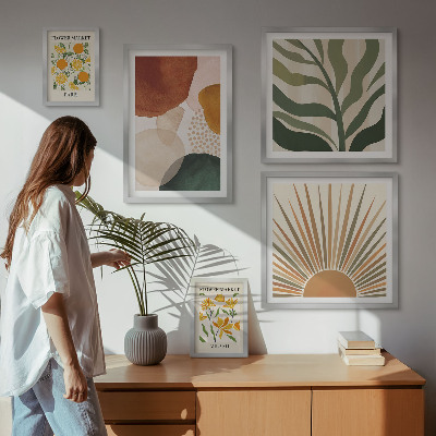 5 paveikslų rinkinys su rėmais Stilinga augalų grafikos geometrija