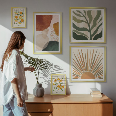 5 paveikslų rinkinys su rėmais Stilinga augalų grafikos geometrija