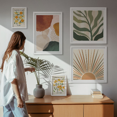 5 paveikslų rinkinys su rėmais Stilinga augalų grafikos geometrija