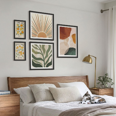 5 paveikslų rinkinys su rėmais Stilinga augalų grafikos geometrija