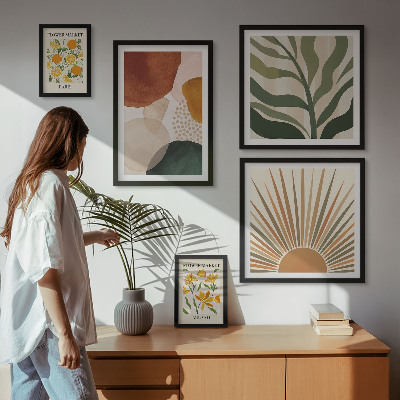 5 paveikslų rinkinys su rėmais Stilinga augalų grafikos geometrija