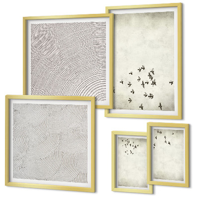 5 paveikslų rinkinys su rėmais Minimalistinis paukščių piešinys