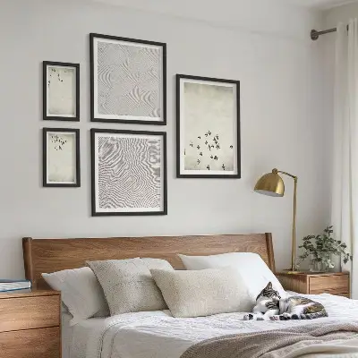 Minimalistinis paukščių piešinys 5 paveikslų rinkinys su rėmais