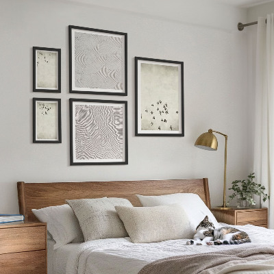 5 paveikslų rinkinys su rėmais Minimalistinis paukščių piešinys