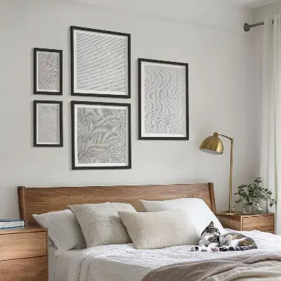 5 paveikslų rinkinys su rėmais smėlio raštai, struktūros ir geometrija