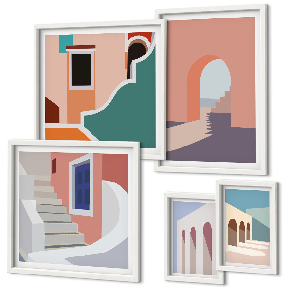 Paveikslų rinkinys miegamajam Pastelinė architektūrinė grafika