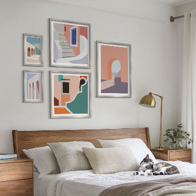 Paveikslų rinkinys miegamajam Pastelinė architektūrinė grafika