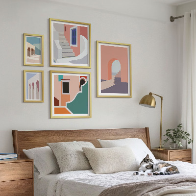 Paveikslų rinkinys miegamajam Pastelinė architektūrinė grafika