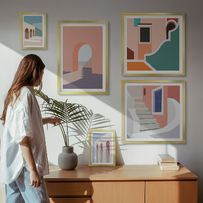 Paveikslų rinkinys miegamajam Pastelinė architektūrinė grafika