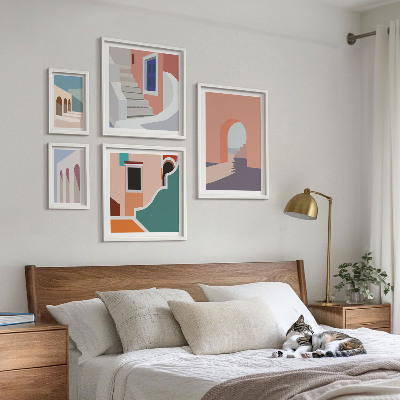 Paveikslų rinkinys miegamajam Pastelinė architektūrinė grafika