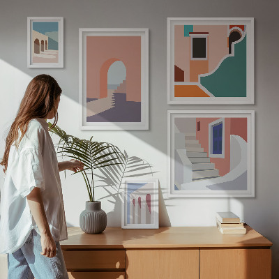 Paveikslų rinkinys miegamajam Pastelinė architektūrinė grafika