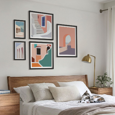 Paveikslų rinkinys miegamajam Pastelinė architektūrinė grafika