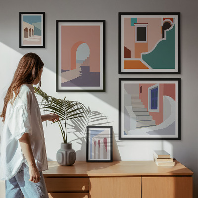 Paveikslų rinkinys miegamajam Pastelinė architektūrinė grafika