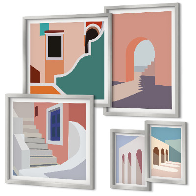 Paveikslų rinkinys miegamajam Pastelinė architektūrinė grafika