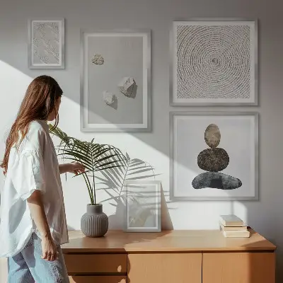 Paveikslų rinkinys miegamajam modernūs smėlio spalvos akmenų motyvai