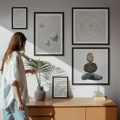 Paveikslų rinkinys miegamajam modernūs smėlio spalvos akmenų motyvai
