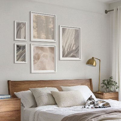 5 paveikslų rinkinys su rėmais Natūralūs boho audiniai iš arti