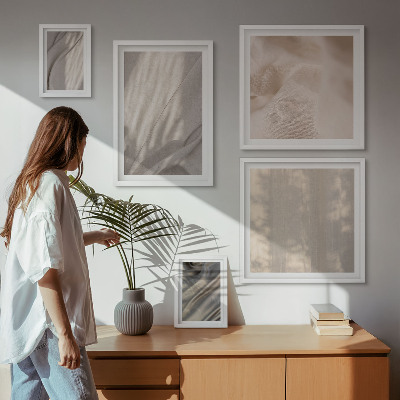 5 paveikslų rinkinys su rėmais Natūralūs boho audiniai iš arti