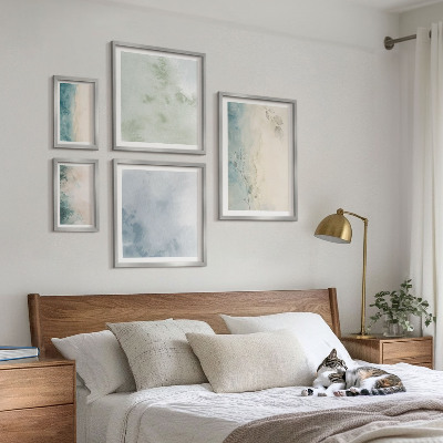 5 paveikslų rinkinys su rėmais Išsiliejusios akvarelės drobės minimalizmas