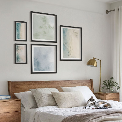 5 paveikslų rinkinys su rėmais Išsiliejusios akvarelės drobės minimalizmas