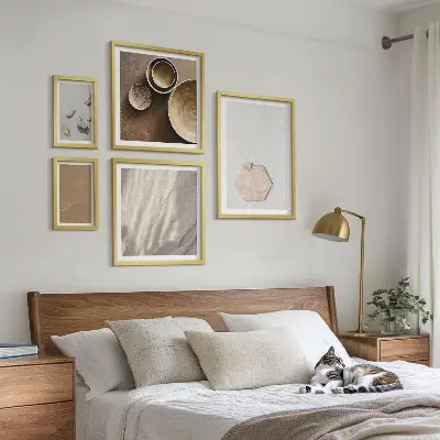 5 paveikslų rinkinys su rėmais minimalistinės šiltų tekstūrų kompozicijos