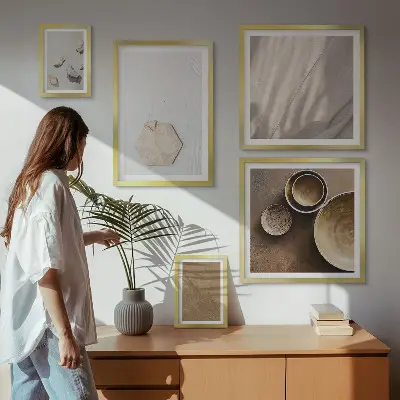5 paveikslų rinkinys su rėmais minimalistinės šiltų tekstūrų kompozicijos