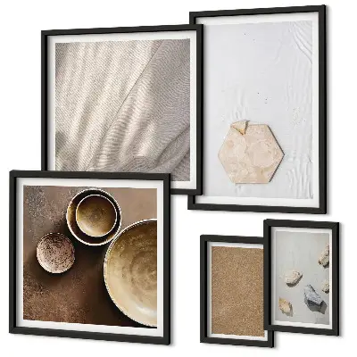 5 paveikslų rinkinys su rėmais minimalistinės šiltų tekstūrų kompozicijos