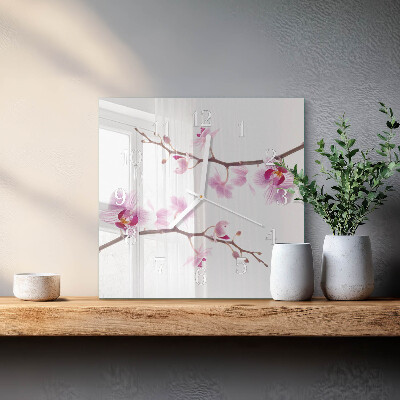 Kvadratinis laikrodis iš stiklo Orchidėja