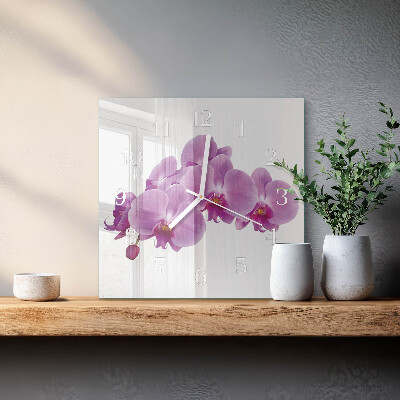 Kvadratinis laikrodis iš stiklo Orchidėja