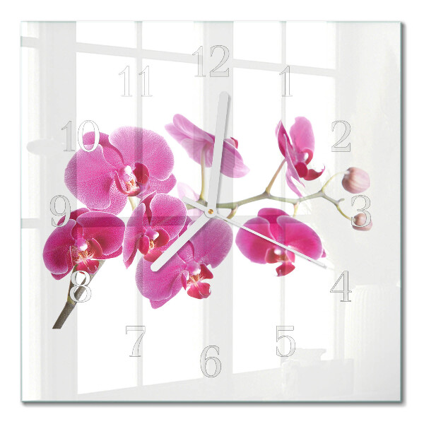 Kvadratinis laikrodis iš stiklo Orchidėja