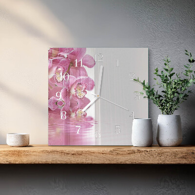 Kvadratinis laikrodis iš stiklo Orchidėja