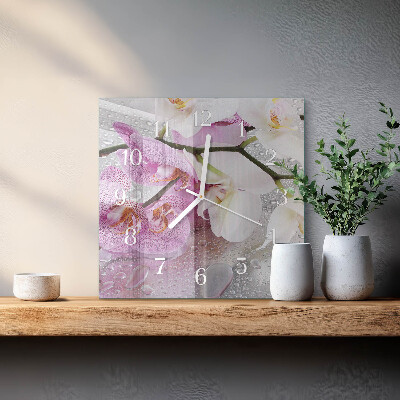 Kvadratinis laikrodis iš stiklo Orchidėja