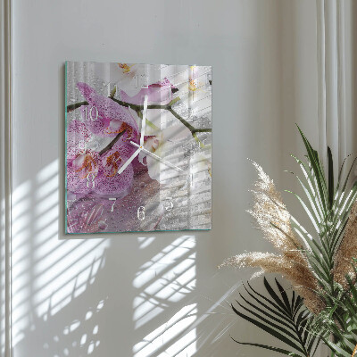 Kvadratinis laikrodis iš stiklo Orchidėja