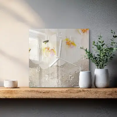 Kvadratinis laikrodis iš stiklo Orchidėja