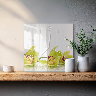Kvadratinis laikrodis iš stiklo Orchidėja