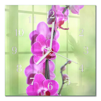 Kvadratinis laikrodis iš stiklo Orchidėja