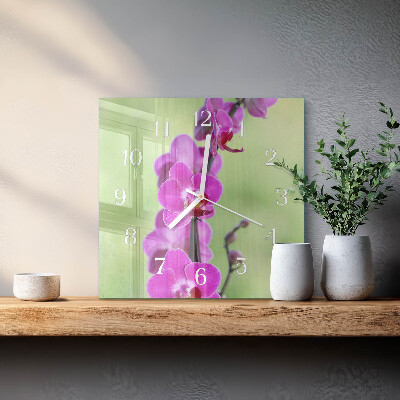 Kvadratinis laikrodis iš stiklo Orchidėja