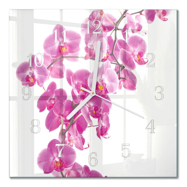 Kvadratinis laikrodis iš stiklo Orchidėja