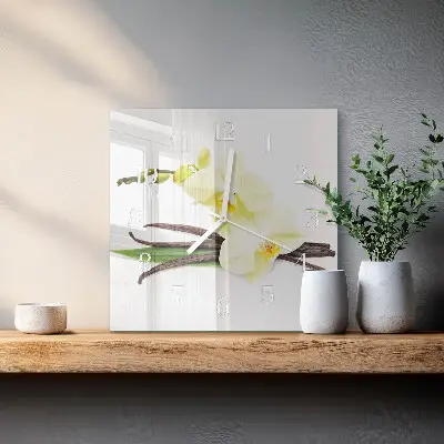 Kvadratinis laikrodis iš stiklo Vanilinė orchidėja