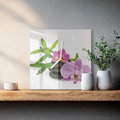 Kvadratinis laikrodis iš stiklo Orchidėja
