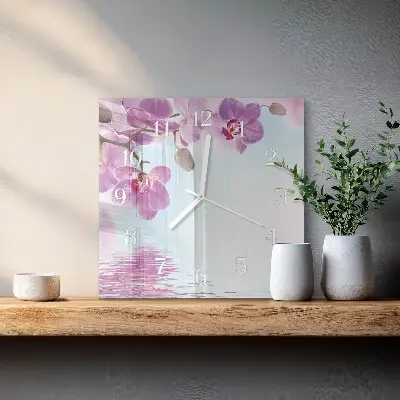 Kvadratinis laikrodis iš stiklo Orchidėja