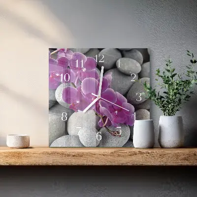 Kvadratinis laikrodis iš stiklo Akmenys ir orchidėja