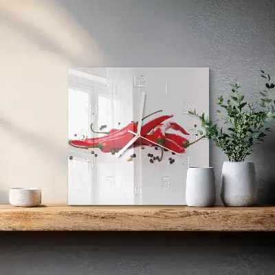 Kvadratinis stiklo laikrodis Čili pipirai