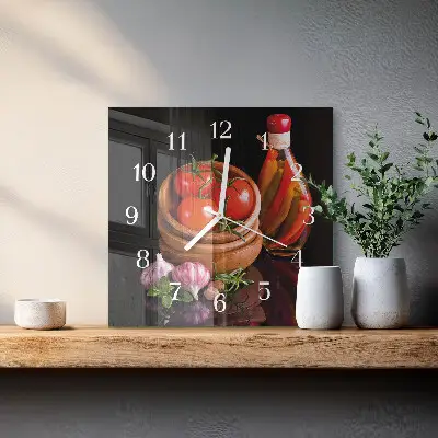 Kvadratinis stiklo laikrodis Pomidorai ir česnakai