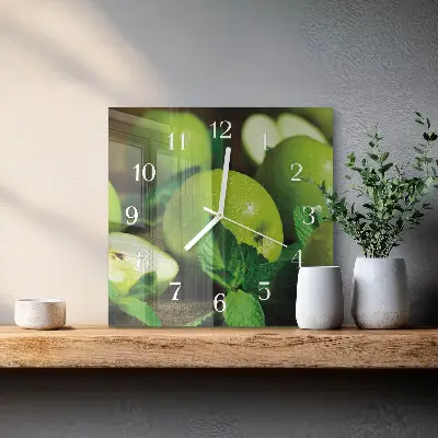 Kvadratinis laikrodis iš stiklo Žali obuoliai