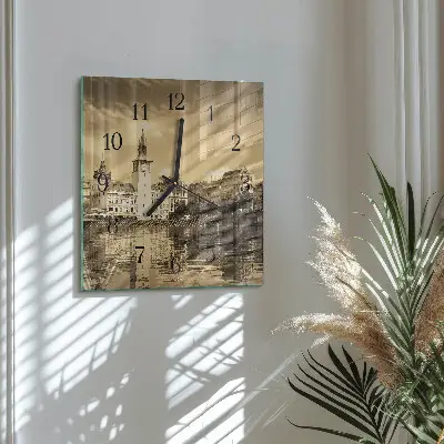 Kvadratinis sieninis laikrodis Pilis sepijos spalvos
