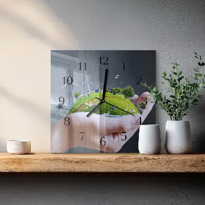 Kvadratinis sieninis laikrodis Žemė rankoje