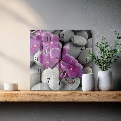 Kvadratinis sieninis laikrodis Akmenys ir orchidėja